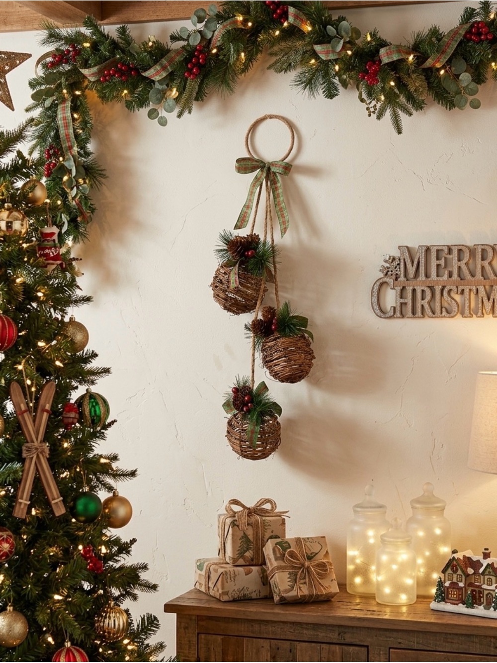 Holiday Time Brown Woven Hanging Basket   Ball Trio rustic farmhouse decor